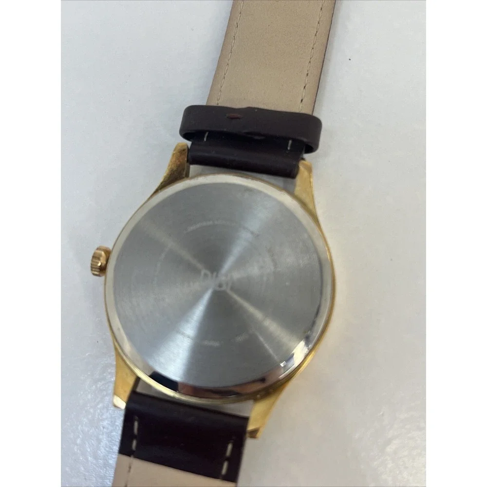 DIBI Men's White Round Dial Rose Gold Tone Brown Faux Leather Watch- New Battery